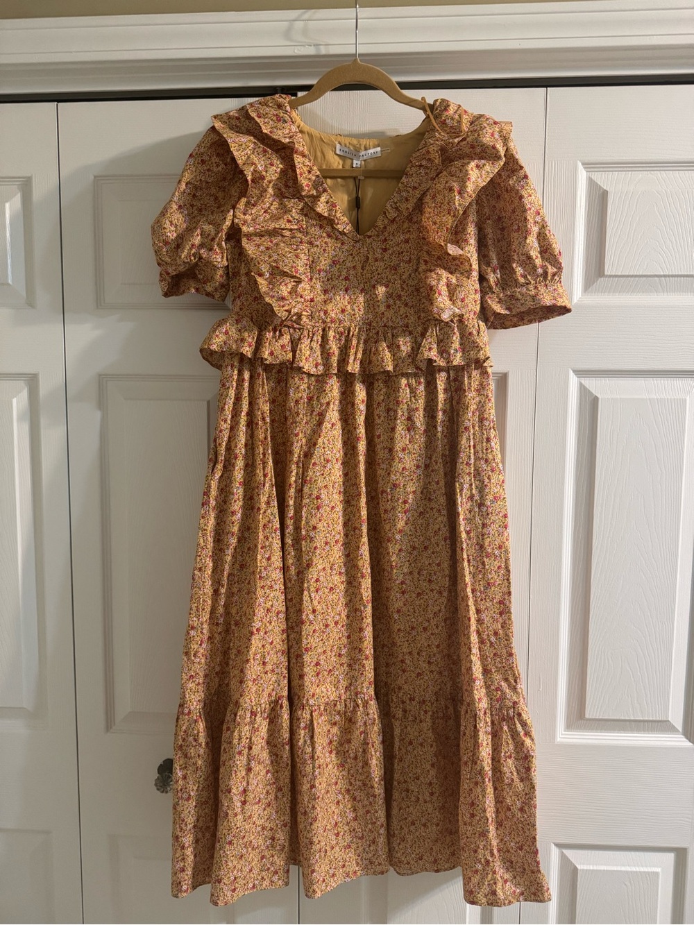 English Factory Yellow Floral Ruffle Midi Dress Puff Sleeve Cottagecore Size S